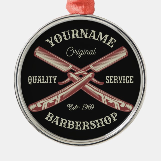 Ornamento De Metal NOME Personalizado Barber Hetero Razor Barbershop (Frente)