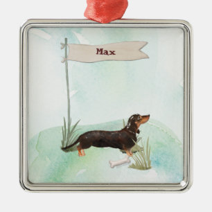 Ornamento De Metal Nome personalizado Black & Tan Dachshund Pet Dog