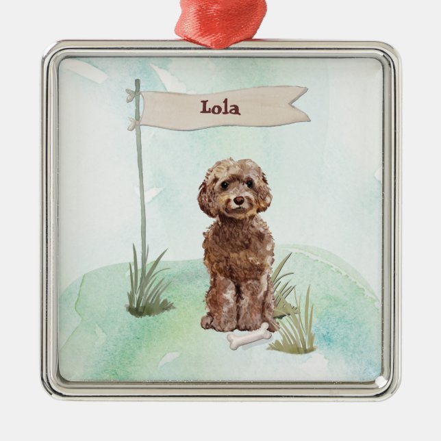 Ornamento De Metal Nome Personalizado Cão de Pota Castanho (Frente)