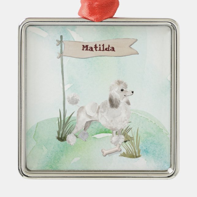 Ornamento De Metal Nome Personalizado Cão Pet Pet White Poodle (Frente)