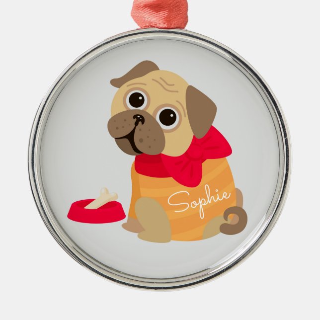 Ornamento De Metal Nome personalizado de cão fofo Pug (Frente)