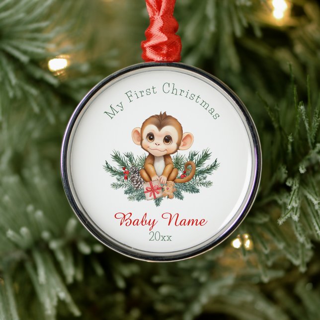 Ornamento De Metal Nome Personalizado do Macaco do Bebê de Natal (Criador carregado)