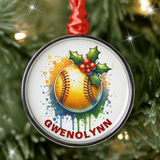 Ornamento De Metal Nome Personalizado do Softball de Natal (Criador carregado)