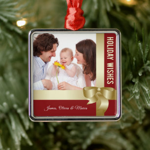 Ornamento De Metal Nome Personalizado & Foto Férias Arco Vermelho e D