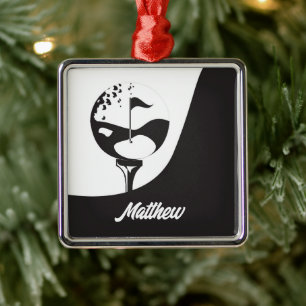 Ornamento De Metal Nome Personalizado Olá, Golfe Negro e Branco