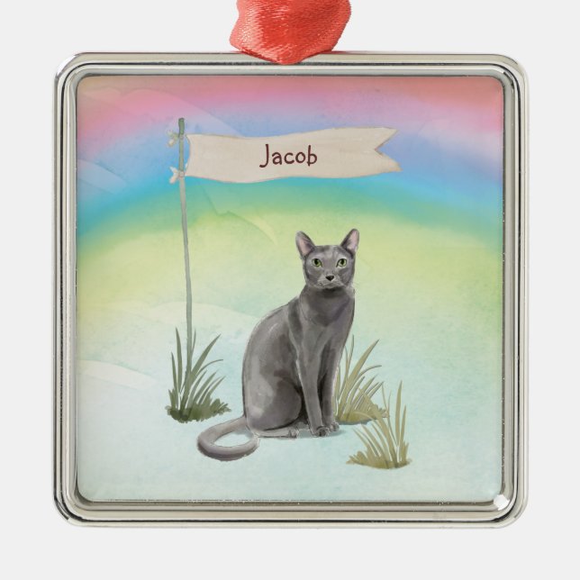 Ornamento De Metal Nome Personalizado Pet de Gato Russo Azul (Frente)