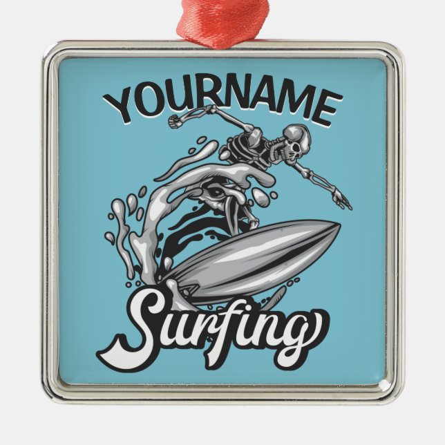 Ornamento De Metal Nome personalizado Surfer Big Wave Skeleton surfin (Frente)