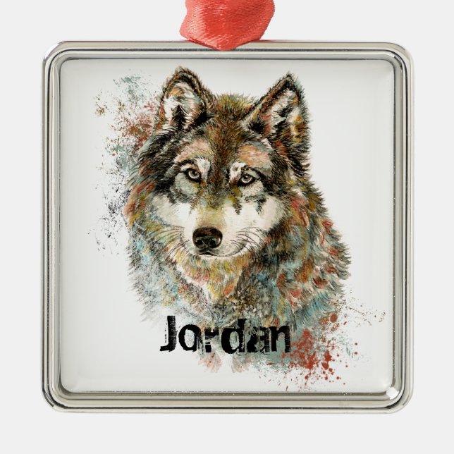 Ornamento De Metal Nome Personalizado Wolf Cinza Personalizada (Frente)