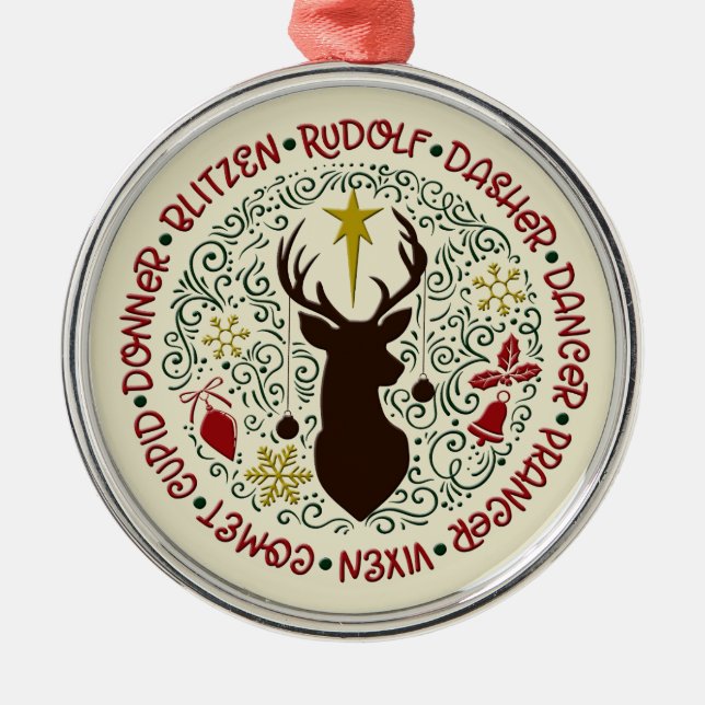 Ornamento De Metal Nomes de Reindeers de Natal Rudolf (Frente)