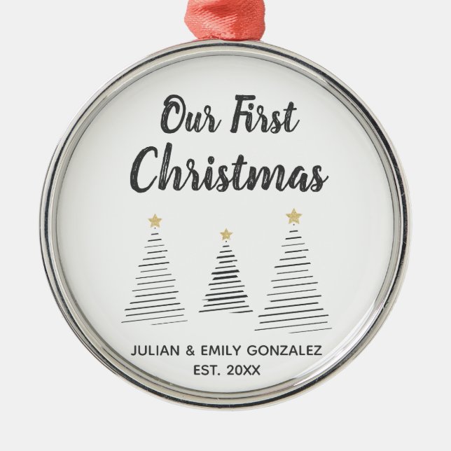 Ornamento De Metal Nossas Primeiras Árvores Elegantes Pretas e Branca (Frente)