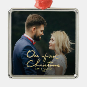 Ornamento De Metal Nosso Natal chique da folha Dourado do falso do