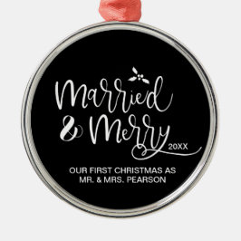 Ornamento De Metal Nosso Primeiro Natal Casado Feliz Preta