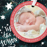 Ornamento De Metal Nosso Primeiro Natal Como Avós Foto Moderna<br><div class="desc">Design é simples e clássico. Adicione uma foto do bebê e o nome e ano de nascimento. Adicione uma foto dos avós também. Bom presente para os avós.</div>