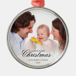 Ornamento De Metal Nosso Primeiro Natal como Mãe e Pai Foto de Bebê