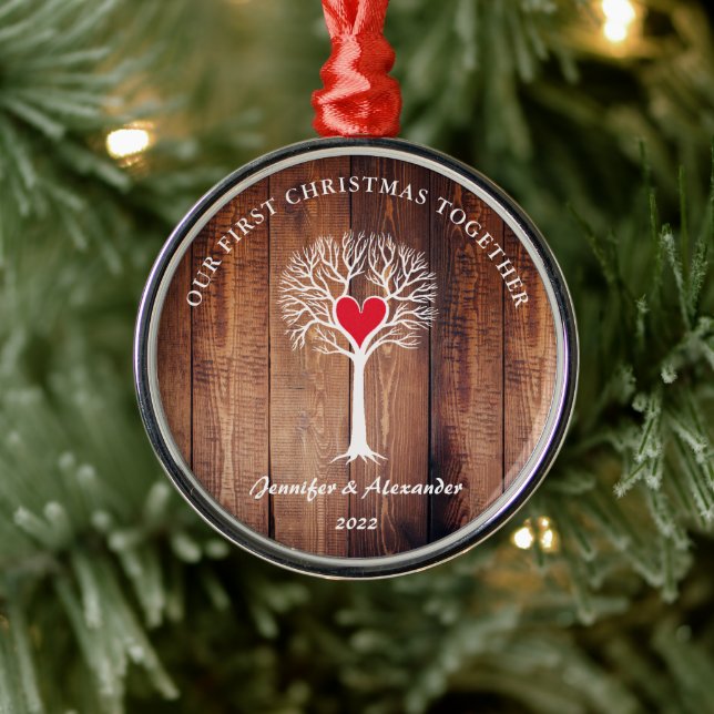 Ornamento De Metal Nosso primeiro Natal juntos adoram madeira rústica (Árvore)