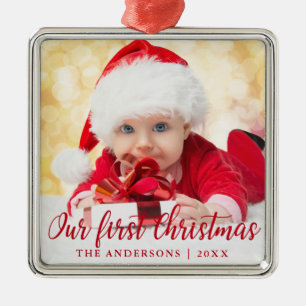 Ornamento De Metal Nosso Primeiro Natal Vermelho Roteiro Foto Quadrad