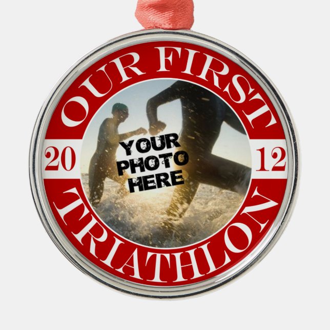 Ornamento De Metal Nosso primeiro Triathlon (Frente)