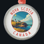 Ornamento De Metal Nova Escócia Canadá Círculo Retroafogado<br><div class="desc">Nova Scotia retro vetor viagem design. A Nova Escócia é quase inteiramente cercada por água e abriga mais de 13.000 km de costa,  milhares de lagos,  vales exuberantes,  quatro Patrimônio Mundial da UNESCO,  as marés e baleias mais altas do mundo!</div>
