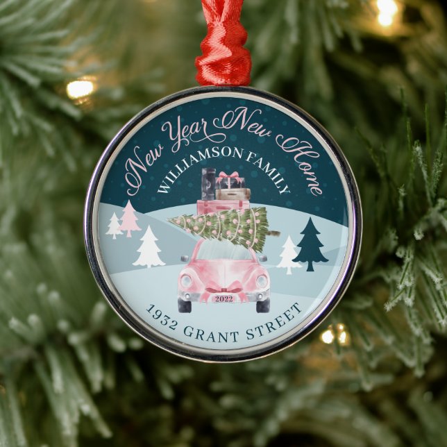 Ornamento De Metal Novo Ano Novo Movimento de Natal Pink Retro Carro  (Árvore)
