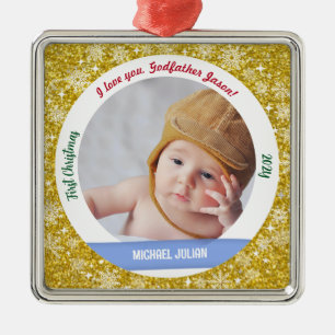 Ornamento De Metal Novo Menino Bebê Foto 1º Natal Padrinho Dourado