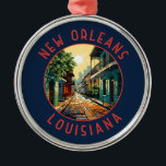 Ornamento De Metal Novo Orleans Louisiana Circulo Retroafstício<br><div class="desc">Nova Orleans retro vetor viagem design. Apelidada de "Grande Fácil",  é conhecida pela sua noite de 24 horas,  vibrante cena de música ao vivo e especiosa,  cozinha singular refletindo sua história como um pote derretido de culturas francesas,  africanas e americanas.</div>