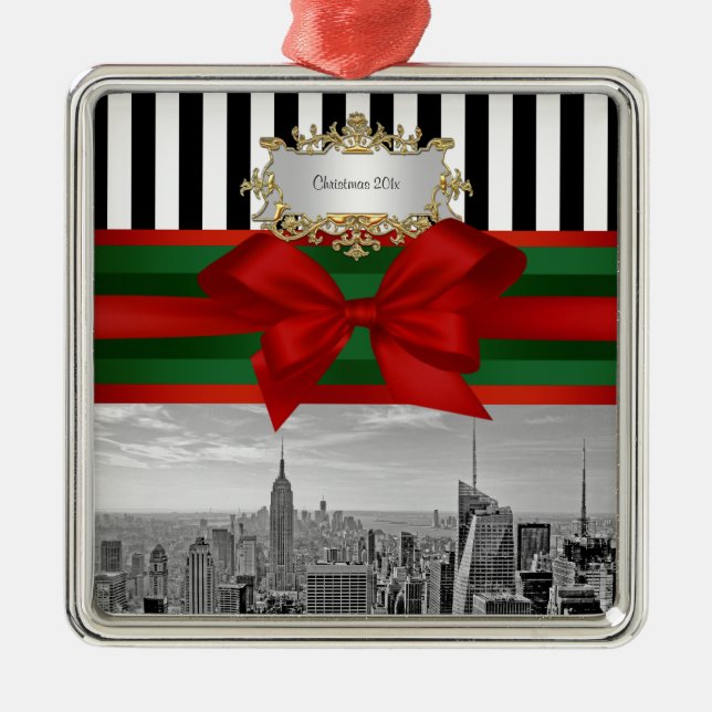Ornamento De Metal NYC Skyline Emp Rua Bldg Xmas Blk Whp Strp #2 (Frente)