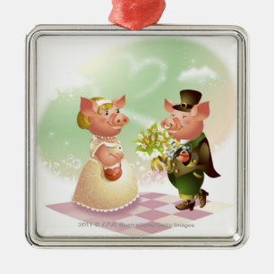 Ornamento De Metal O porco masculino dá um bouqet das flores a um
