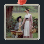 Ornamento De Metal O Senhor de Burleigh e seu Amor<br><div class="desc">Este design apresenta uma pintura do artista inglês Edmund Blair Leighton (1852-1922). Ela retrata uma cena do poema de Tennyson de 1835, na qual um Senhor rico finge ser pobre para ganhar o coração de uma mulher. No entanto, nesta imagem, o Senhor de Burleigh está vestido elegantemente e ele está...</div>
