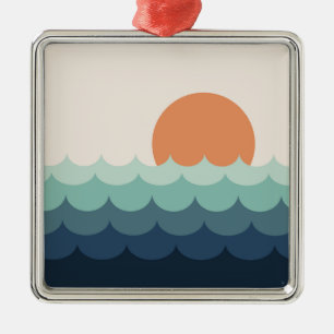 Ornamento De Metal Oceano azul ondulado no pôr do sol