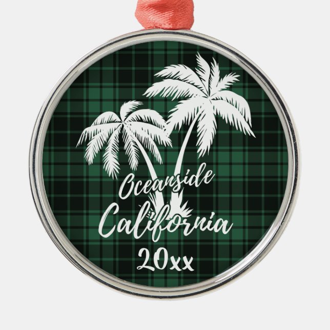 Ornamento De Metal Oceanside Beach California Palm Tree Green Xadrez (Frente)