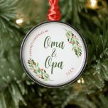 Ornamento De Metal Oma and Opa first Christmas<br><div class="desc">Celebrate the new grandparents with this red and green modern watercolor Christmas holly design  - simply customize it with the year or click “customize further” to add more text,  change the background color or add a photo.</div>