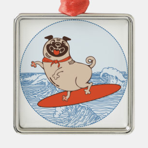 Ornamento De Metal Onda montando cachorro feliz no surfboard