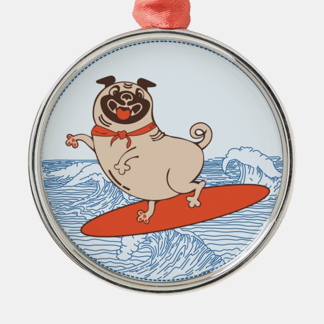 Ornamento De Metal Onda montando cachorro feliz no surfboard (Frente)