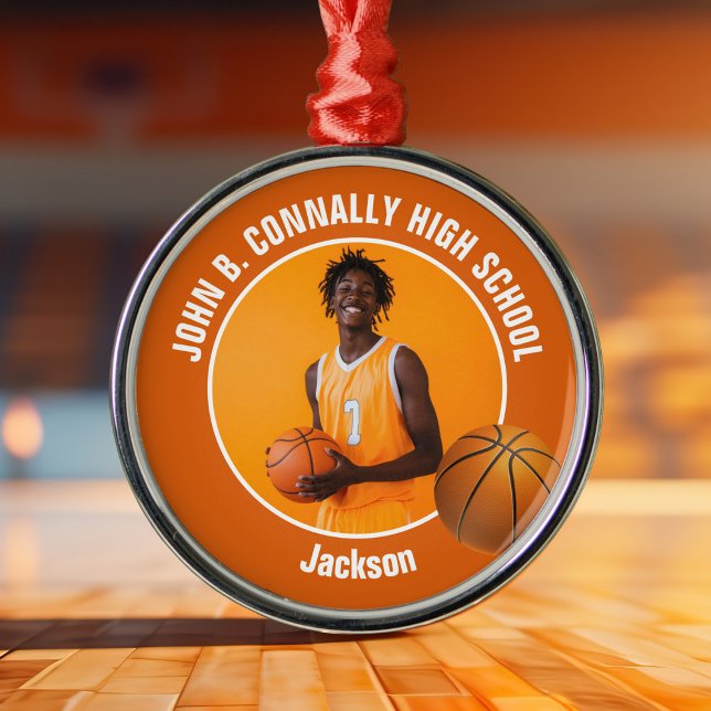 Ornamento De Metal Orange Basketball Player Photo Christmas (Criador carregado)