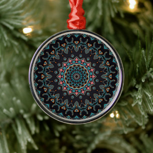 Ornamento De Metal Orange Blue Teal Black Mandala Boho Art
