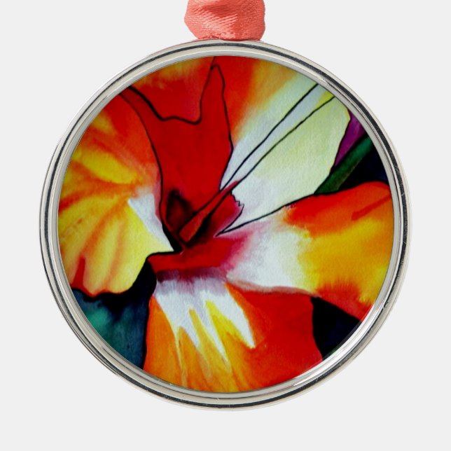 Ornamento De Metal Orange Hibiscus flor tropical aquarela (Frente)
