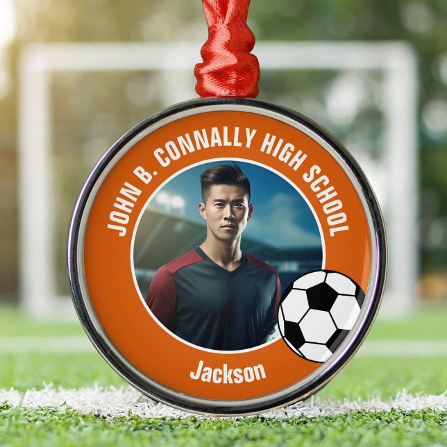 Ornamento De Metal Orange Soccer Player Photo High School Christmas (Criador carregado)