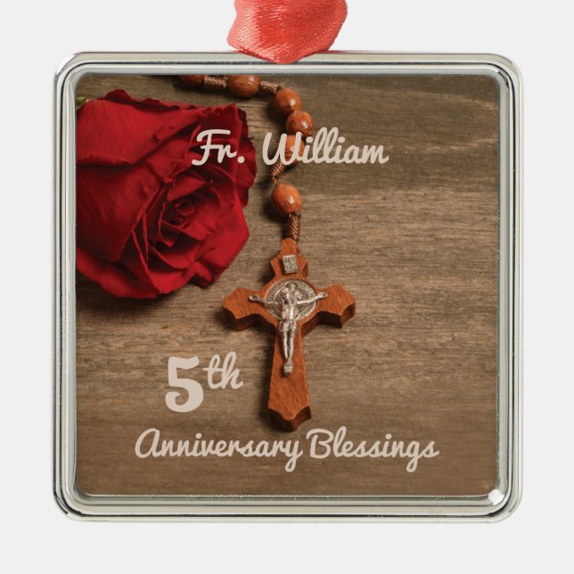 Ornamento De Metal Ordenação por 5 do Padre Rosa e Rosary (Frente)