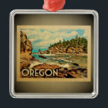 Ornamento De Metal Oregon Ornament Vintage Travel<br><div class="desc">A cool vintage style Oregon ornament featuring a coastal scene with the Pacific ocean and scenic rocky shore of Oregon. Thanks to Loren Kerns's photo as base: www.flickr.com/photos/lorenkerns/4822059747</div>