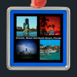 Ornamento De Metal Orlando, Miami, South Beach Collage<br><div class="desc">Orlando Miami South Beach Collage, se as áreas mais famosas de viagem da Flórida. Grande parte do estado da Flórida está situada numa península entre o Golfo do México, o Oceano Atlântico, e o Estreito da Flórida. A Flórida tem a costa mais longa dos Estados Unidos contíguos, abrangendo aproximadamente 1.350...</div>