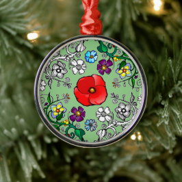 Ornamento De Metal Ornement Rond Argenté Tapis de fleurs au coquelico