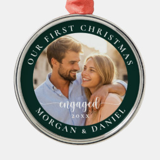 Ornamento De Metal Our First Christmas Engaged Photo Keepsake Green