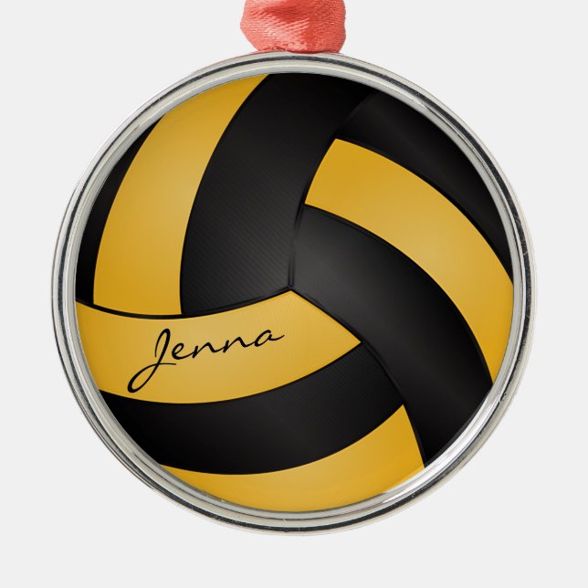 Ornamento De Metal Ouro Amarelo e Preto Personaliza Voleibol (Frente)