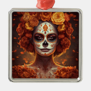 Ornamento De Metal Ouro do Dia de los Muertos pintado
