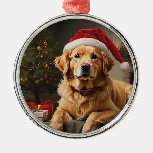 Ornamento De Metal Ouro Retriever Vestindo Santa Hat (Frente)