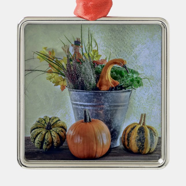 Ornamento De Metal Outono ainda vive com abóboras, flores (Frente)