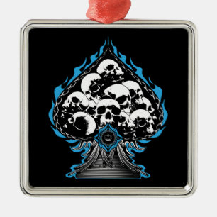 Ornamento De Metal Pá Flamejante Azul com Caveiras
