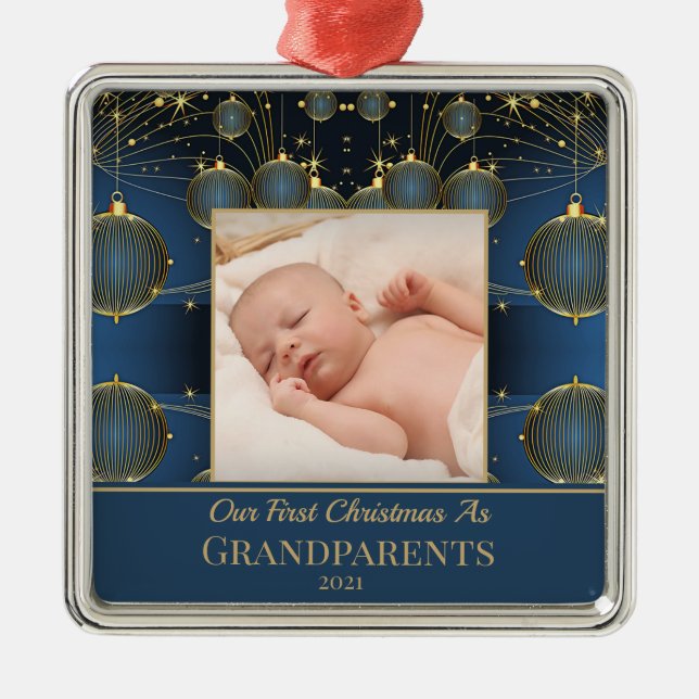 Ornamento De Metal Padrão Azul do Primeiro Natal Moderno (Frente)