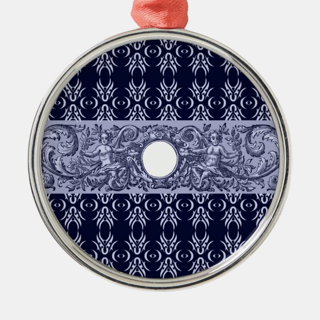 Ornamento De Metal Padrão Barroco Azul Clássico por Leah G - cherubs (Frente)