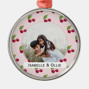 Ornamento De Metal Padrão de Cereja Fofa Foto Personalizada
